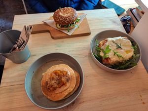 "Salmon" bagel, croque monsieur, and pumpkin spice pancakes. at GAL Cafe in Lisbon