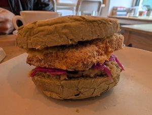Tofu in matcha bread at GAL Cafe in Lisbon