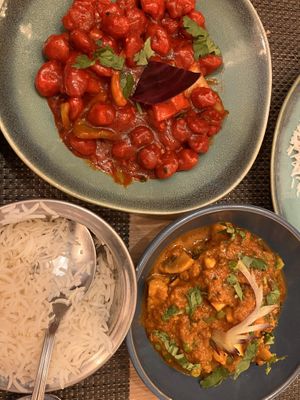 Soy chunks and veg sabji with basmati rice   at Jimbu in Evora