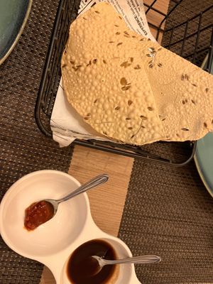 Complimentary papadum with tamarind and chilli   at Jimbu in Evora