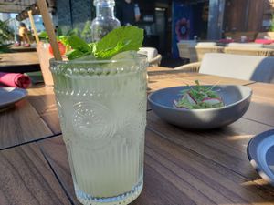 Kiiro cocktail with avocado edamame dip at Kaiyo Rooftop in San Francisco