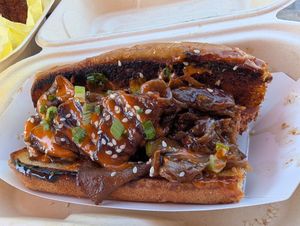 Bulgogi dog (with a bite missing, sorry) at All Vegan Franks - Ghost Kitchen in Los Angeles