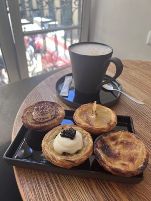 4 vegan pastel de nata & an oat milk cappuccino   at Nat'elier | Pastel de Nata in Lisbon