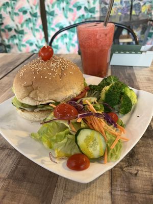 Lionsmane burger with plain sides and watermelon-passion kombucha (with little kombucha)  at WellSmoocht in West Singapore