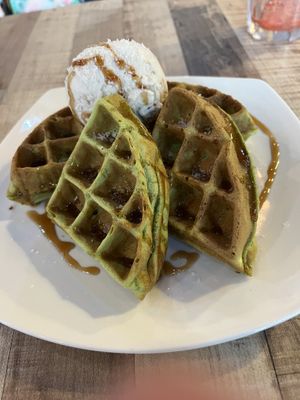 Pandan waffles with peanut cookie icecream. (Skip the Pandan and fancy icecream up charges.)  at WellSmoocht in West Singapore