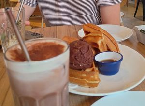 An iced chocolate and a waffle at WellSmoocht in West Singapore