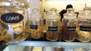 ice cream cones and selection of toppings - caramel almonds, chocolate chips, cranberries and roasted almonds! at WellSmoocht in West Singapore