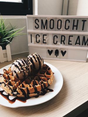 Gula Melaka + Hazelnut Ice Cream on top of a freshly made waffle drizzled with chocolate sauce at WellSmoocht in West Singapore