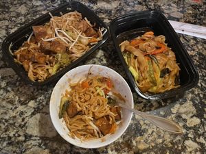Vegan Pad Thai w/ tofu & veggies (left) as well vegan drunken noodles w/ veggies (right) center vegan Pad Thai (in bowl couldn’t wait!)  at Bamboo Bistro in Westbrook
