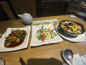 Eggplant, veggies, tofu balls at Vegetarians Story Restaurant in Suzhou