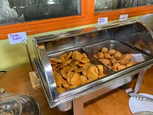 Potato Bajji (L) & Medhu Bonda (R):  Deep-Fried Potato Fritters at the Weekend Lunch Buffet at Hillside Indian Cuisine in Portage