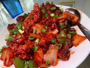 Chilli Gobi: Cauliflower, Bell Peppers, Onions, in Spicy Chilli Sauce at Hillside Indian Cuisine in Portage