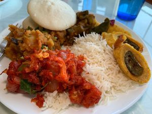 Weekend Lunch Buffet:  Chilli Gobi, Potato Fry, Idly, Okra Masala, Cut Mirchi, Basmati Rice at Hillside Indian Cuisine in Portage