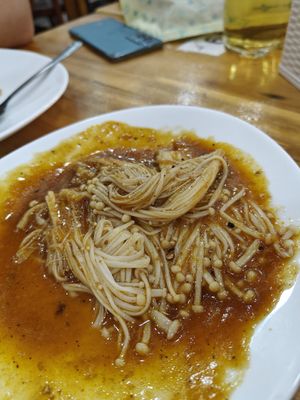 Straw mushrooms with bbq sauce at Vegetarian Master Ruma in Vientiane
