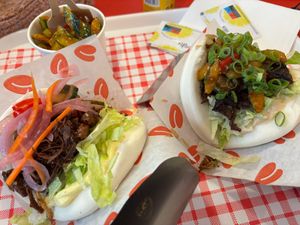 Tempeh & Peking "duck" buns, with cucumber salad at Larry's in Amsterdam