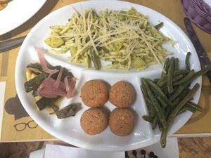 seitan balls, picked veg, pesto pasta, green beans. at Ratatouille in Turin