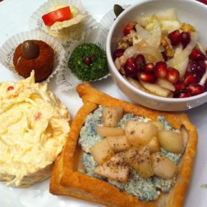 left to right, top to bottom: selection of home made cashew cheese; fennel, celery, pomegranate and nut salad; home made vegan Gorgonzola cheese and pears in a puff pastry basket; capriccios a salad (thinly sliced raw veggies in aromatic vegan mayo) at Ratatouille in Turin