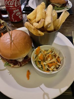 Vegan Burger with French Fries and Vegan Mayo.   at Roam West in Fort William