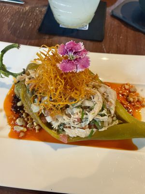 El ceviche de soya es espectacular, servido con una salsa matcha que realza los sabores del platillo   at Mar del Zur in Monterrey