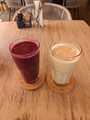 Anti-inflammatory beet, peanut butter apple smoothie at Coffee & Plant in Nairobi