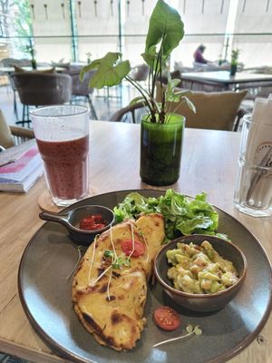 Chickpea omelette with mushroom, berry coconut smoothie at Coffee & Plant in Nairobi