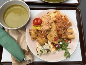 All you can eat plate with soup, proteins, salads and sides (all vegan)  at Verde Hut in Porto