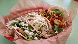 Chimchurri tempeh, Tiki taco, Cornmeal crusted mushroom taco at Taco Party in Somerville