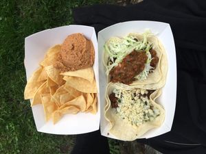 Tacos with lentil and seitan chorizo filling, plus chips and bean dip! at Taco Party in Somerville