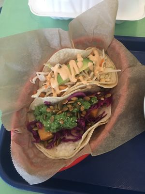 Jackfruit tinga (top) & Burmese tofu at Taco Party in Somerville