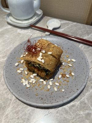 Mustard greens and tofu wrapped in bean curd  at Yang Shin 養心茶樓 in Taipei
