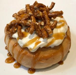 Salty Caramel Pretzel Roll! Caramel Frosting with Salty Pretzels and Sweet Caramel Sauce! at Cinnaholic in Tucson