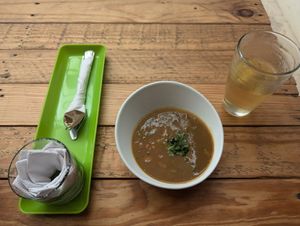 Ice tea with the best soup I've had in Colombia at Laurel Vegan Bistro Gluten-Free in Palomino