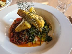 Rosemary polenta cake, puttanesca lentils at Fleurs Place in Moeraki