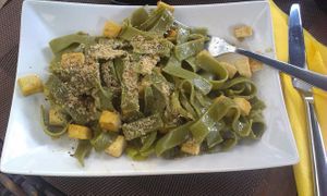 Spinach pasta with tofu at BIOfresh in Bucharest