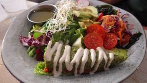 Kale tart and salad with dressing at Matapoteket in Stockholm