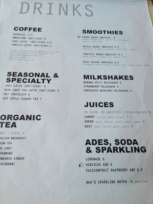 Drinks menu at Plant Bakery 플랜트 in Seoul