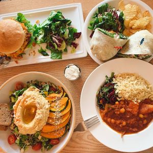 chillies burger, tofu wrap, signature salad and tomato chickpea stew rice! at Plant Bakery 플랜트 in Seoul