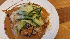 Miso aubergine on sesame sauce and rice at WILLICHS in Mainz