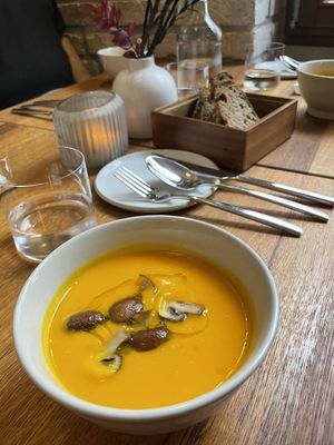 Pumpkin-coconut soup with ginger and oven mushrooms   at WILLICHS in Mainz
