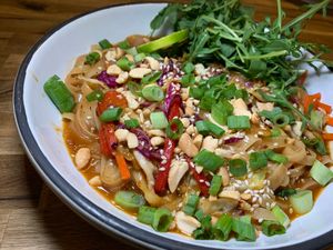 Vegan Pad Thai: Shaved Vegetables, Rice Noodles, Tamari, Peanuts, Fresh Herbs, Lime at HUB Tavern + Grill in Kalamazoo