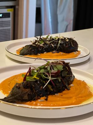 Hassle back eggplant | grilled pepper sauce  at à Table Chez Anou in Geneva