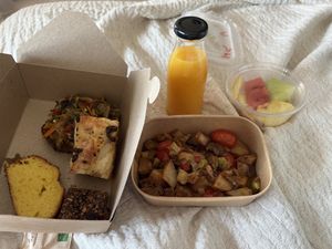 Vegan breakfast on last day. Potato veg fry up, toast with fried veg, etc  at The Noverian Bios Santorini, Vegan Boutique Hotel in Santorini