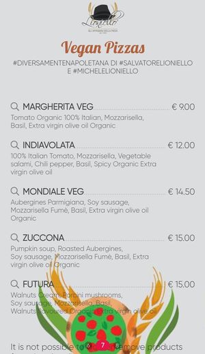 Vegan section of the menu including 4 pizzas at Pizzeria da Lioniello   in Milan