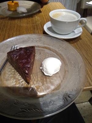 Chocolate cake with ginger and cafe au lait at Bio Cafe in Tokyo