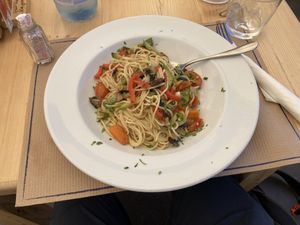 Spaghetti with vegetables   at Lindos Garden Restaurant in Rhodes