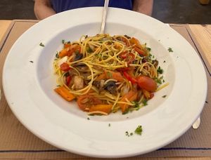 Gluten free spaghetti with vegetables   at Lindos Garden Restaurant in Rhodes