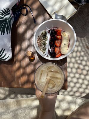 Acai bowl and coconut latte   at Be Beach in Dubai