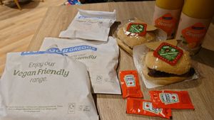 All together, bought the vegan hot sausage sandwich, vegan sausage roll, vegan steak bake, glazed donut and orange juice at CWL - Greggs in Cardiff