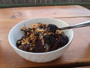 I asked her the best vegan item on the menu and she said the acai bowl. On a summer day like today the cold refreshing vegan ice. Also acai treat with granola and fresh berries mak at Bodhi Bistro in Corvallis