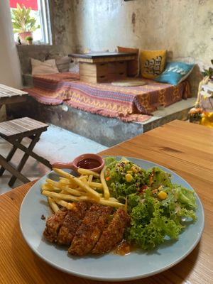 Vegan chicken chop and fries at Vspace Guesthouse and Cafe in Malacca